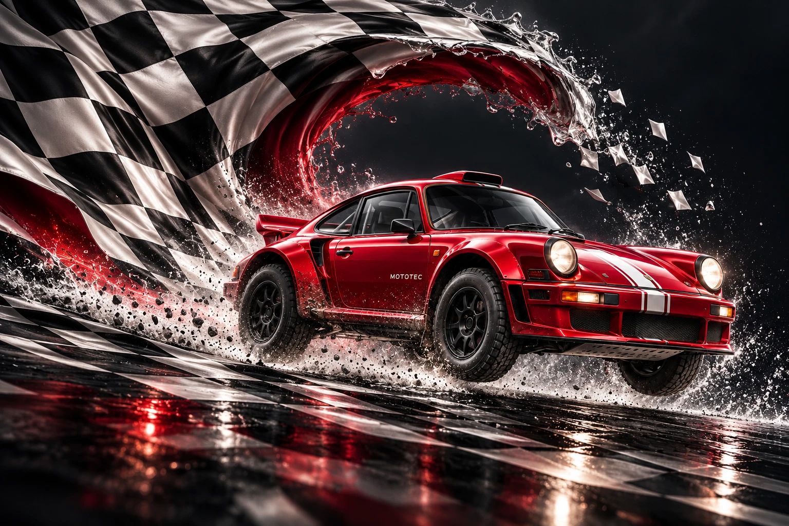 Illustration of a red rally car in Mototec lettering bursting through a wave of chequered flag